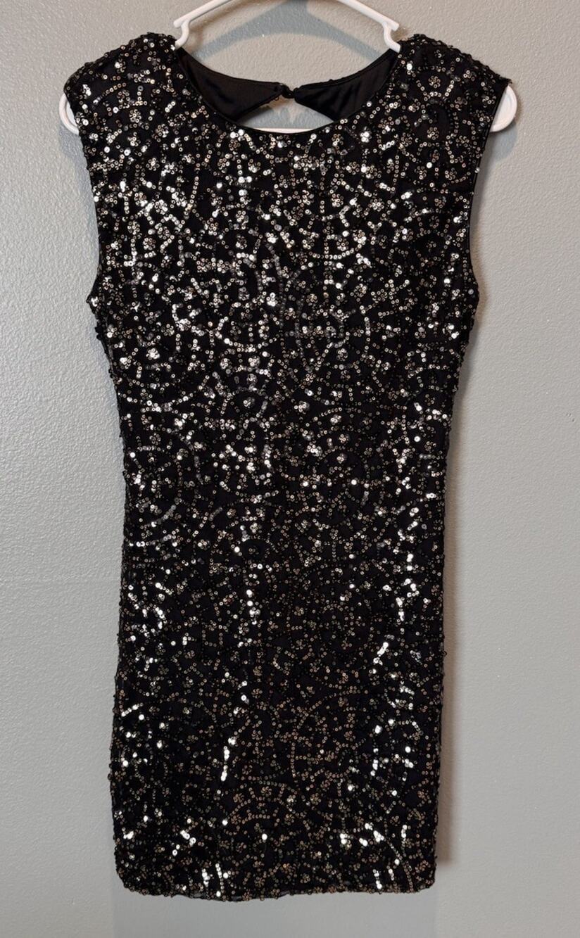 As U Wish Women's Black/Silver Sequin Cocktail Mini Dress Open Back Size S